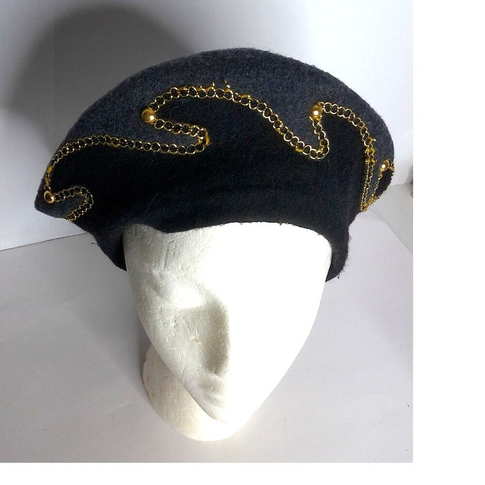 Vintage Finesse Black Gray Beret Hat With Gold Chain & Studded Detail One Size